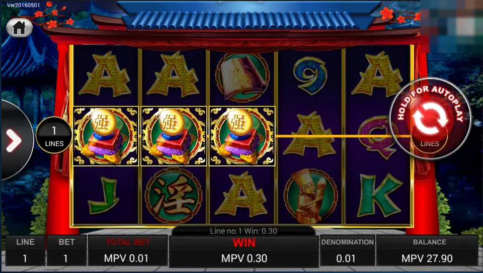 Golden Lotus at one line with gold letters, green tokens and a golden figurine, and a Line no.1 win message and a win of 0.30