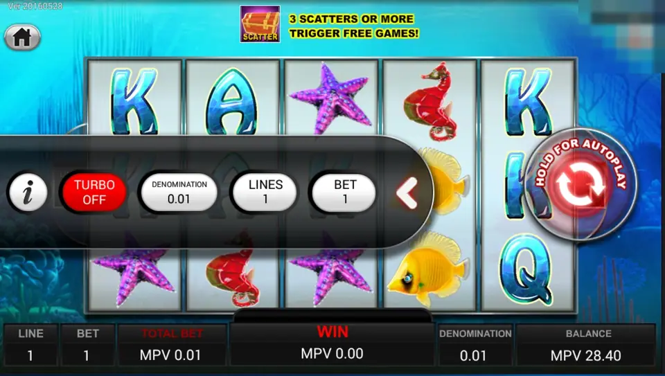Golden Whale with the side menu open showing Turbo Off, Denomination 0.01, Lines 1 and Bet 1, and a banner reading 3 scatters or more trigger free games