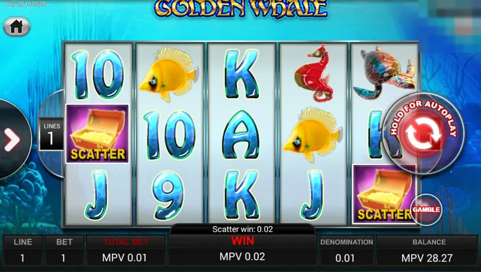 Golden Whale with treasure-chest scatters on reels 1 and 5, a GAMBLE button and a scatter win of 0.02