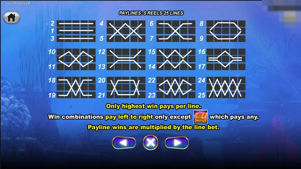 Golden Whale paylines screen showing 25 line patterns on five reels and the rule that wins pay left to right except the scatter