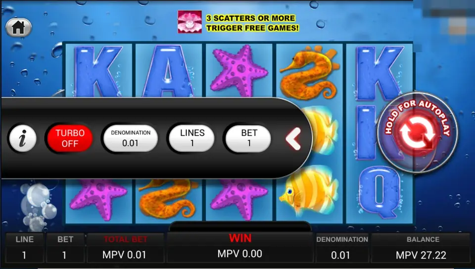 Great Blue with the side menu open showing Turbo Off, Denomination 0.01, Lines 1 and Bet 1, and a banner saying 3 scatters or more trigger free games