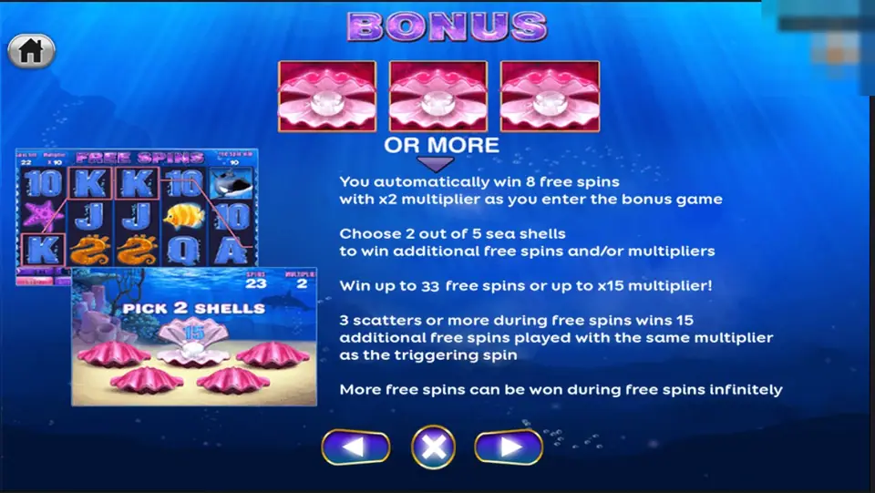 Great Blue bonus rules: three pearl shells or more give 8 free spins with x2, then pick 2 of 5 sea shells to win extra spins or multipliers, up to 33 spins or x15