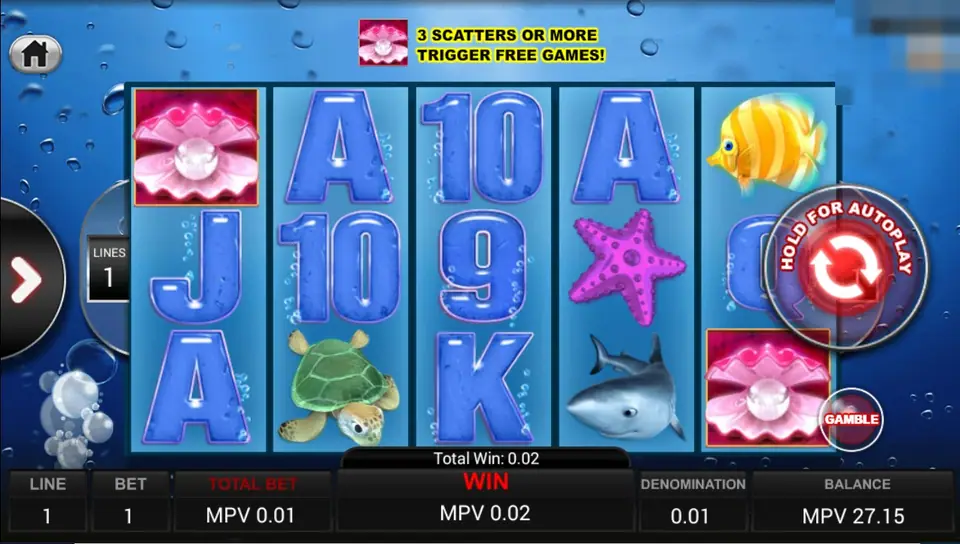 Great Blue reels with pearl-shell scatters on reels 1 and 5, a turtle, a shark, a round GAMBLE button and a total win of 0.02