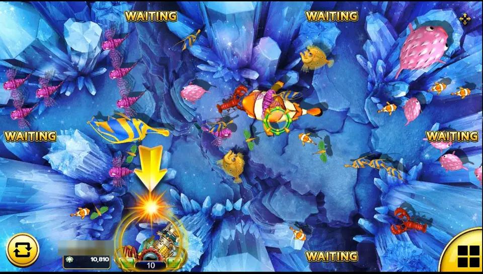 Fish Hunter Monster Awaken room in a blue crystal cave with clownfish, lionfish, pufferfish and lobsters, WAITING labels at empty seats and the player's cannon at bet 10