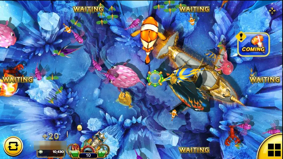 A large golden mechanical fish crossing the crystal cave, a +20 win above the player's cannon and a COMING alert in the top right corner