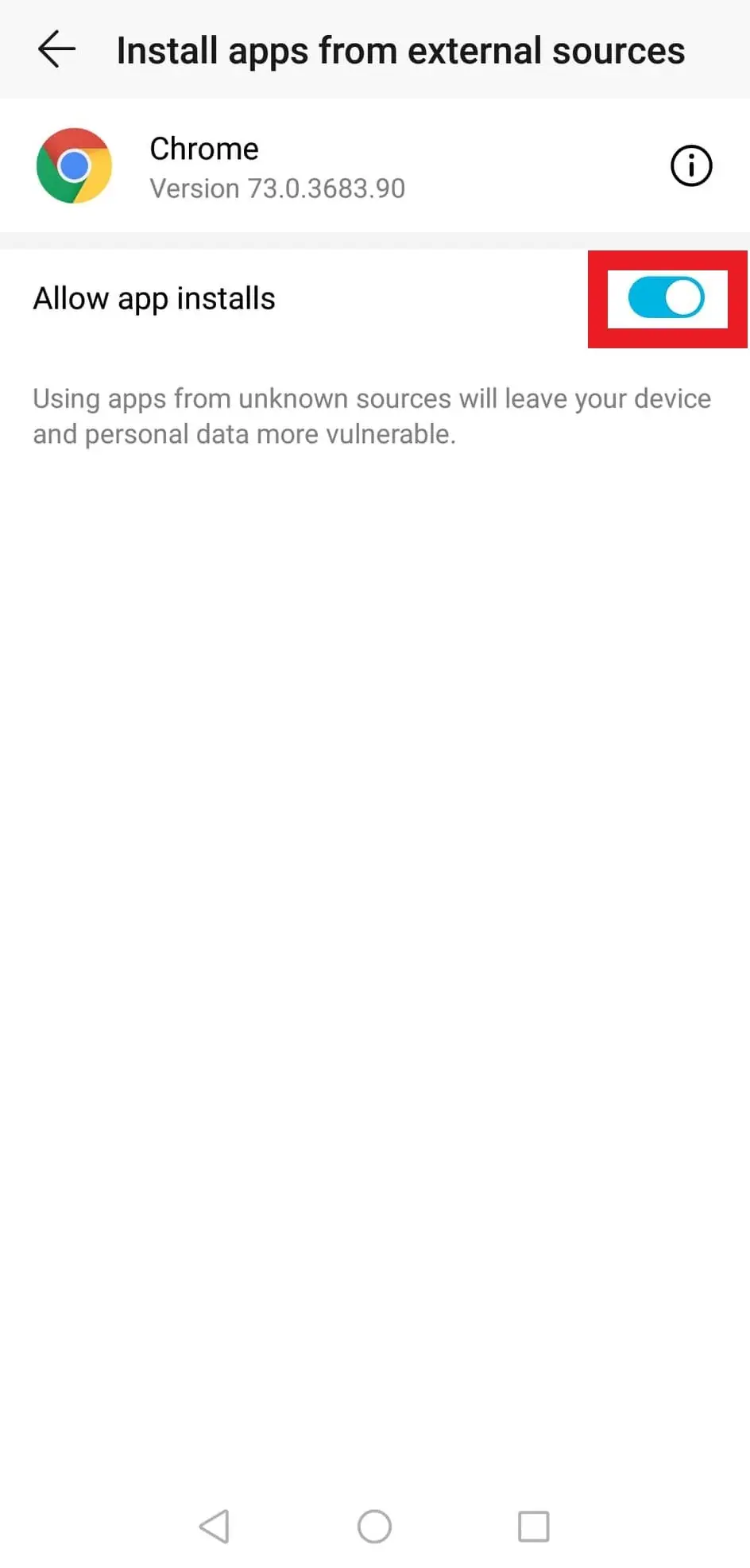 Install apps from external sources screen for Chrome with the Allow app installs switch turned on and a warning about unknown sources