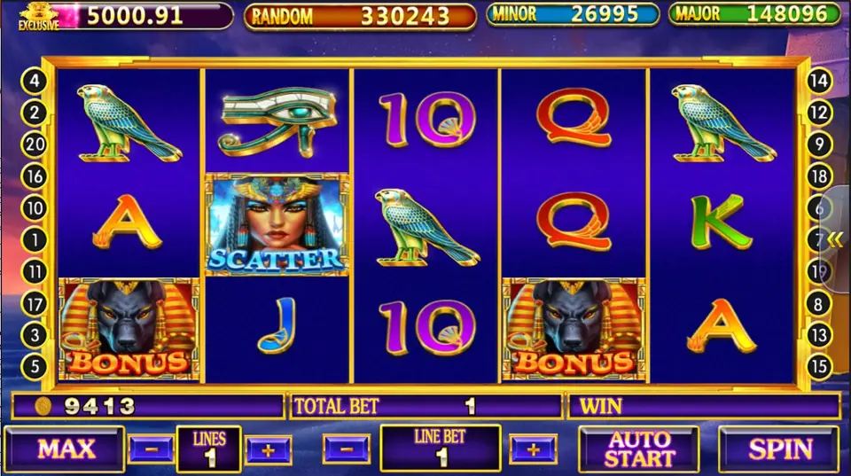 Age of Egypt reels with two black jackal BONUS tiles on reels 1 and 4 and an Egyptian queen SCATTER on reel 2