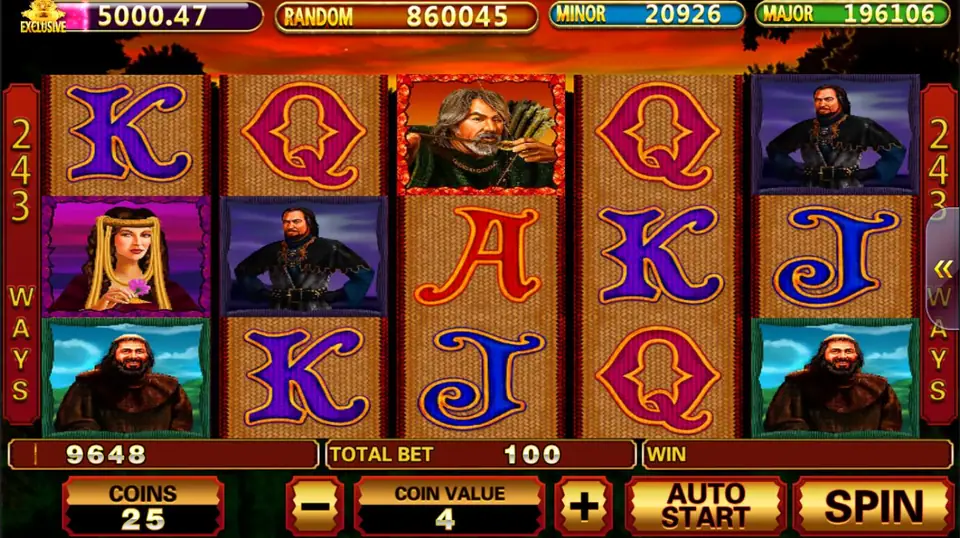 Archer slot on Pussy888 with a grey-haired archer, a dark-clad nobleman, a lady in a gold headdress and a hooded monk among card letters, 243 WAYS on both sides