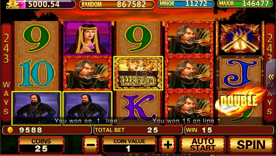 Archer reels after a win with two nobleman symbols highlighted on the bottom row, a treasure WILD in the centre and a flaming DOUBLE button on the right