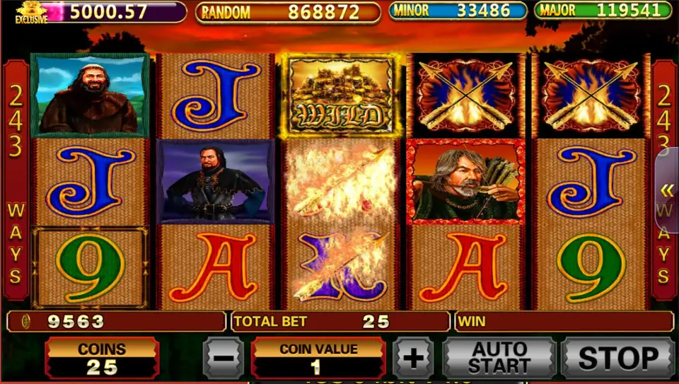 Archer reels with crossed flaming arrows on reels 4 and 5, a treasure WILD on reel 3 and a burning streak down the centre reel