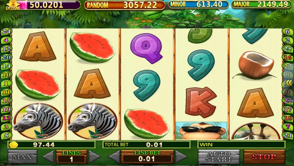 Banana Monkey reels with watermelon slices, zebra portraits and a monkey peeking from the bottom of reel 5, set to 1 line at 0.01