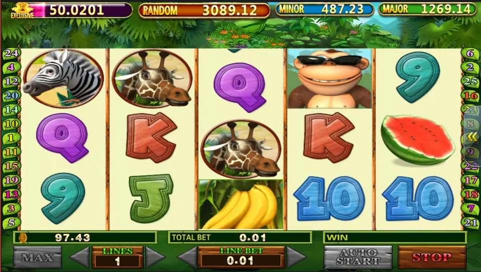 Banana Monkey reels with a monkey in sunglasses on reel 4, a bunch of bananas on reel 3 and blue 10 symbols on the bottom row