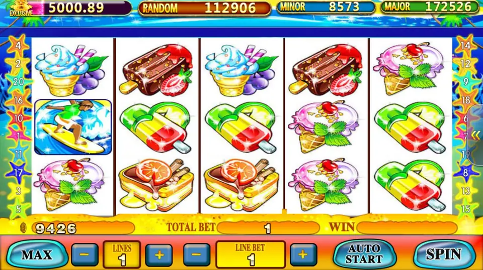 Beach Life slot on Pussy888 with ice lollies, ice-cream cones, chocolate bars and a surfer on white reels framed by starfish, 20 lines at the sides
