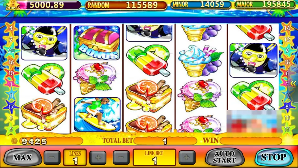 Beach Life reels mid-spin with a treasure chest marked BONUS on reel 2, a scuba diver on reels 1 and 5 and a surfer below the chest