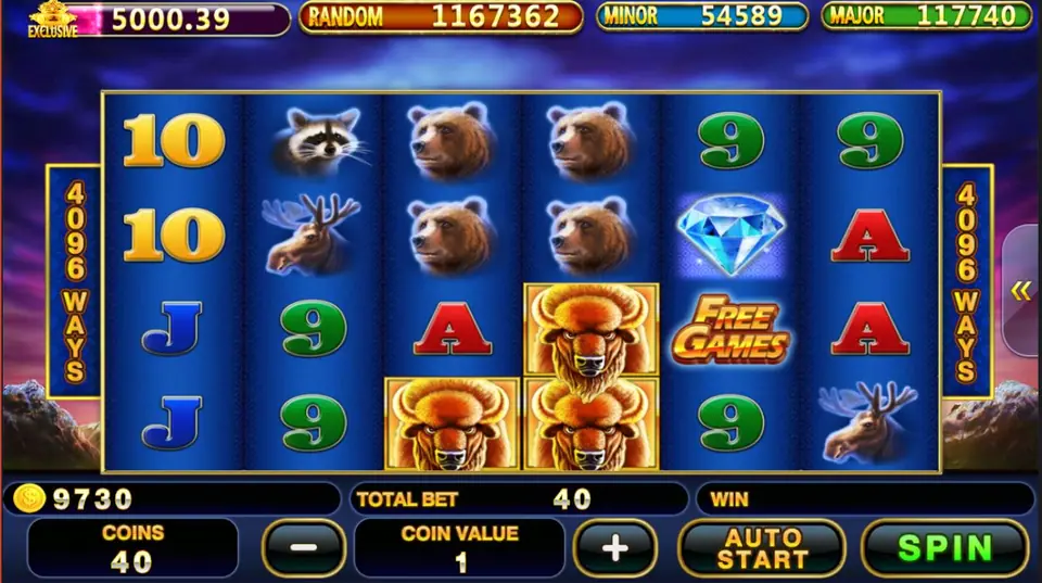 Buffalo Blitz reels with three gold-framed buffalo on reels 3 and 4, a FREE GAMES symbol and a blue diamond on reel 5, bears and moose around them