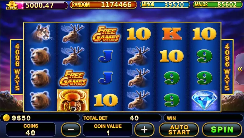 Buffalo Blitz reels with two FREE GAMES symbols on reels 2 and 3, a buffalo below them and a blue diamond on reel 6