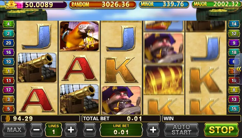 Captain Treasure Pro reels mid-spin with a glowing golden treasure tile on reel 4, a parrot and a cannon on reel 1 and the captain on reel 2