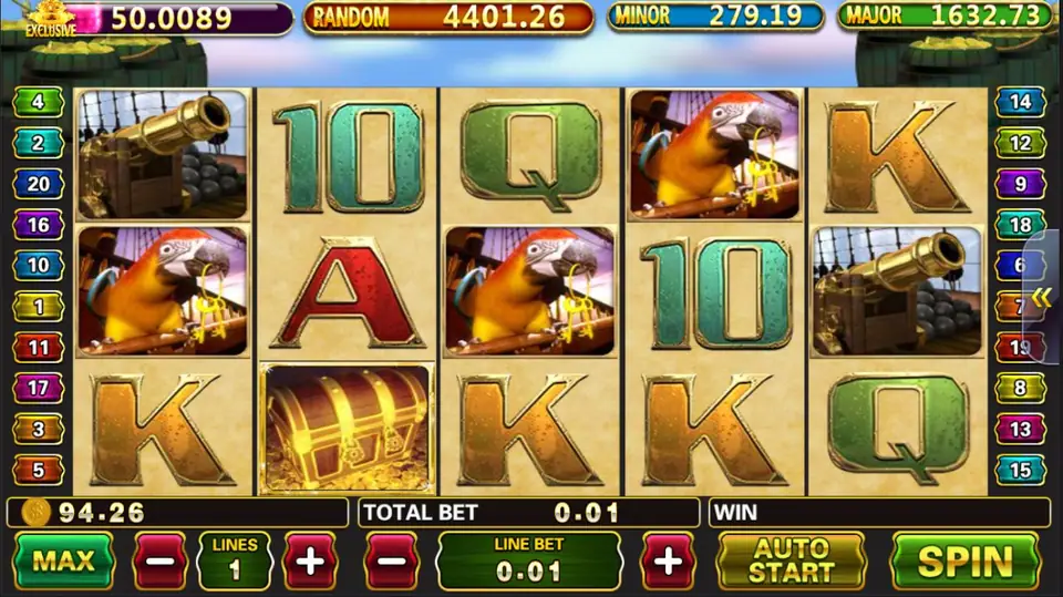 Captain Treasure Pro reels with an open treasure chest full of gold coins on reel 2, parrots and cannons around it and gold K symbols