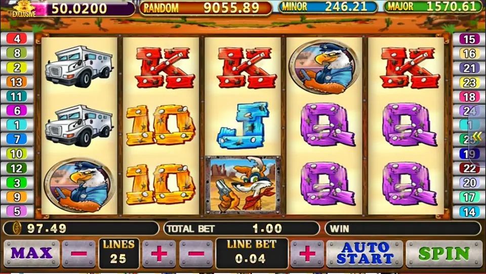 Coyote Cash on Pussy888 with armoured trucks, an eagle in a police cap, a coyote with a pistol and bullet-riddled wooden card letters, 25 lines at 0.04