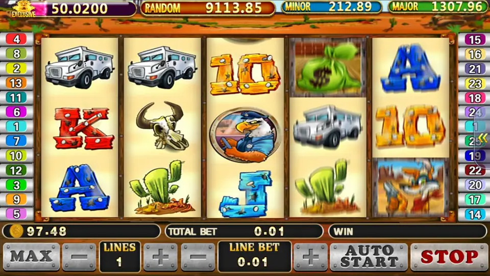 Coyote Cash reels mid-spin with a green money bag on reel 4, a coyote on reel 5, armoured trucks, a cow skull and cacti