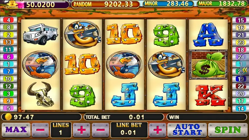 Coyote Cash reels with a masked snake bandit on reels 2 and 4, two eagle sheriffs, an armoured truck and a money bag on reel 5