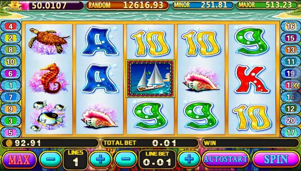 Crystal Water on Pussy888 with a sea turtle, seahorse, tropical fish and conch shells among blue and green card letters, a framed yacht in the centre
