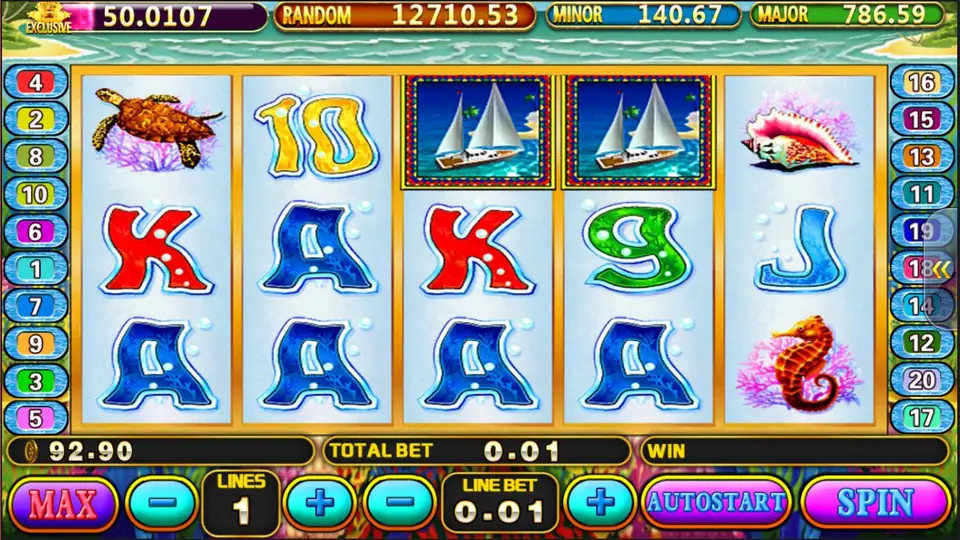 Crystal Water reels with two framed yacht symbols side by side on reels 3 and 4 and a row of blue A symbols along the bottom