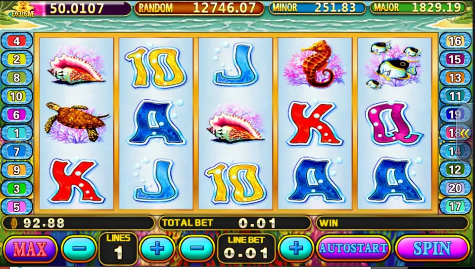 Crystal Water reels with a turtle and conch on reel 1, a seahorse on reel 4 and a mix of red K and blue A symbols