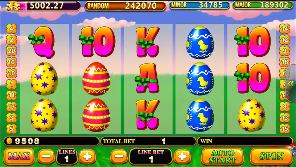 Easter Surprise on Pussy888 with yellow, red and blue painted eggs among pink card letters with green bows on a grassy meadow, 20 lines