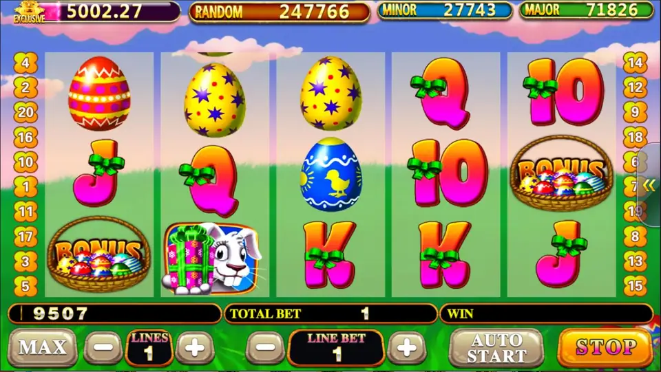 Easter Surprise reels with egg baskets marked BONUS on reels 1 and 5 and a white bunny holding a pink gift box on reel 2