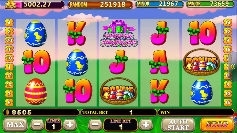 Easter Surprise reels with the pink Easter Surprise logo on a gift box on reel 3 and BONUS baskets on reels 3 and 5