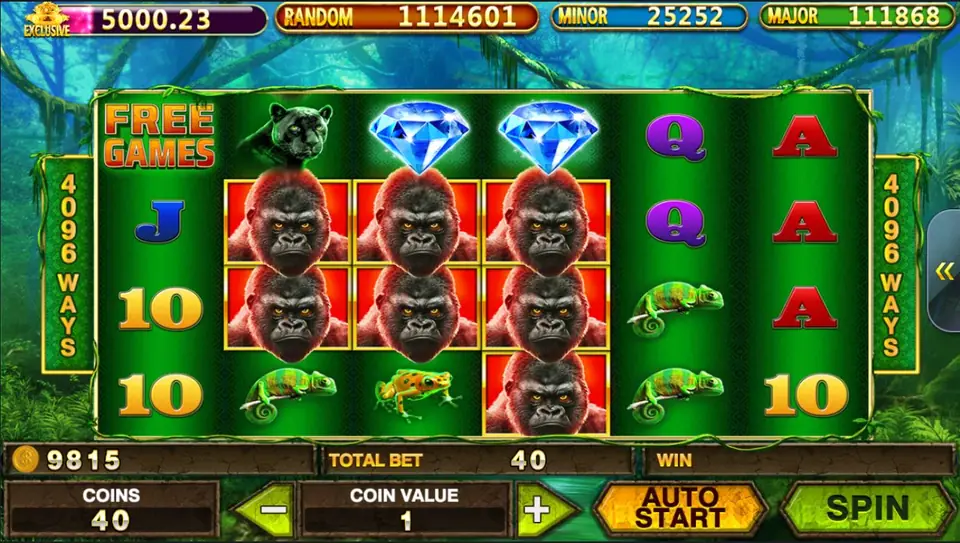 Epic Ape reels with gorillas stacked two rows deep across reels 2, 3 and 4, two blue diamonds and a FREE GAMES symbol above them