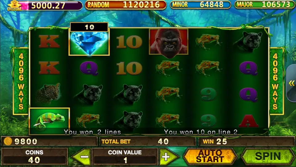 Epic Ape win showing a chameleon highlighted on reel 1 and a blue diamond with the number 10 on reel 2, with the text You won 2 lines and You won 10 on line 2