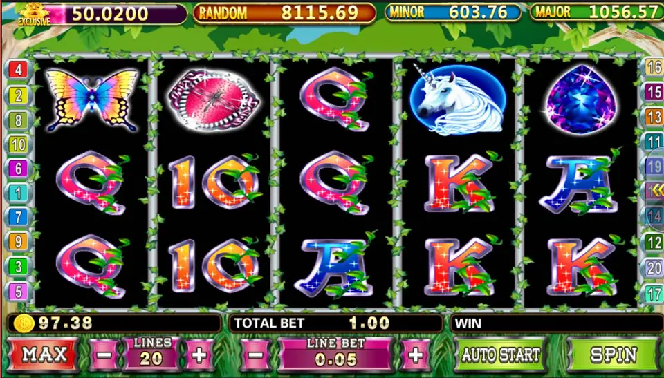 Fairy Garden Plus on Pussy888 with a rainbow butterfly, a pink gem, a white unicorn and a purple gem above sparkling card letters, 20 lines at 0.05