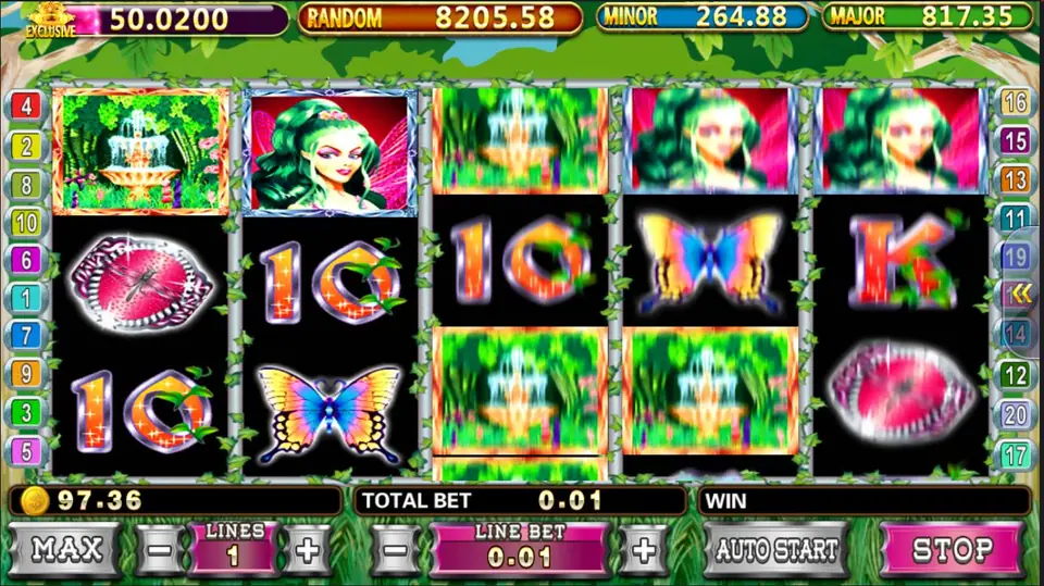 Fairy Garden Plus reels with garden-fountain tiles stacked on reels 3 and 4 and green-haired fairy portraits on reels 2, 4 and 5