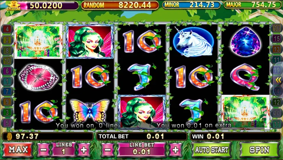 Fairy Garden Plus reels after a small win with fountain tiles in the top-left and bottom-right corners and a message reading You won 0.01 on extra