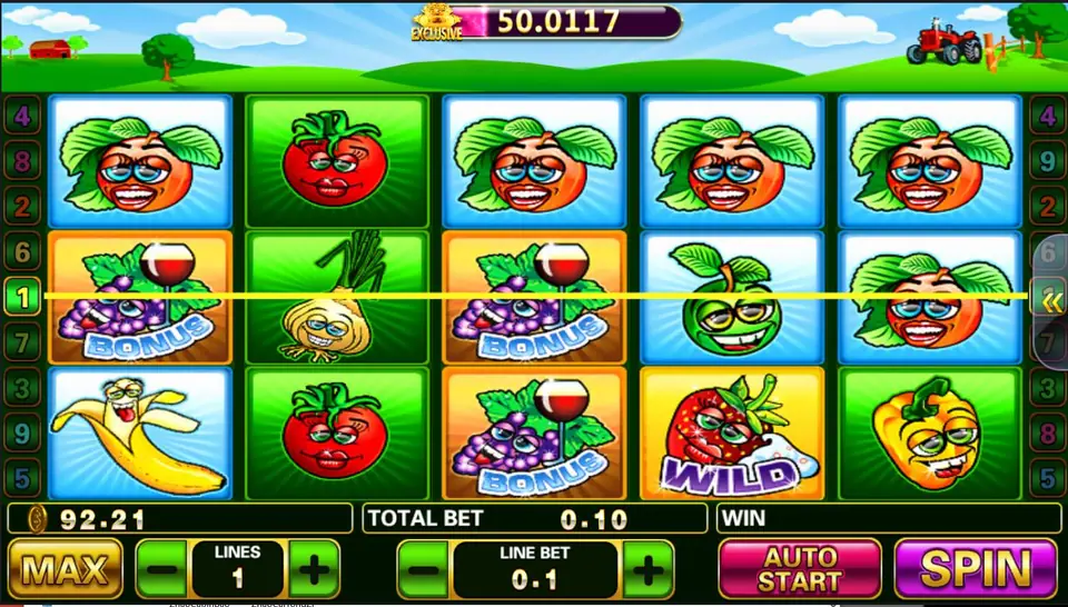 Farmers Market on Pussy888 with smiling peaches, tomatoes, an onion, a banana and a pepper, two grape BONUS symbols and a strawberry WILD, line 1 lit