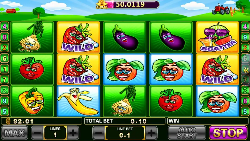 Farmers Market reels with three strawberry WILD symbols on reels 2 and 5, a watermelon SCATTER in the top-right corner, aubergines and peaches