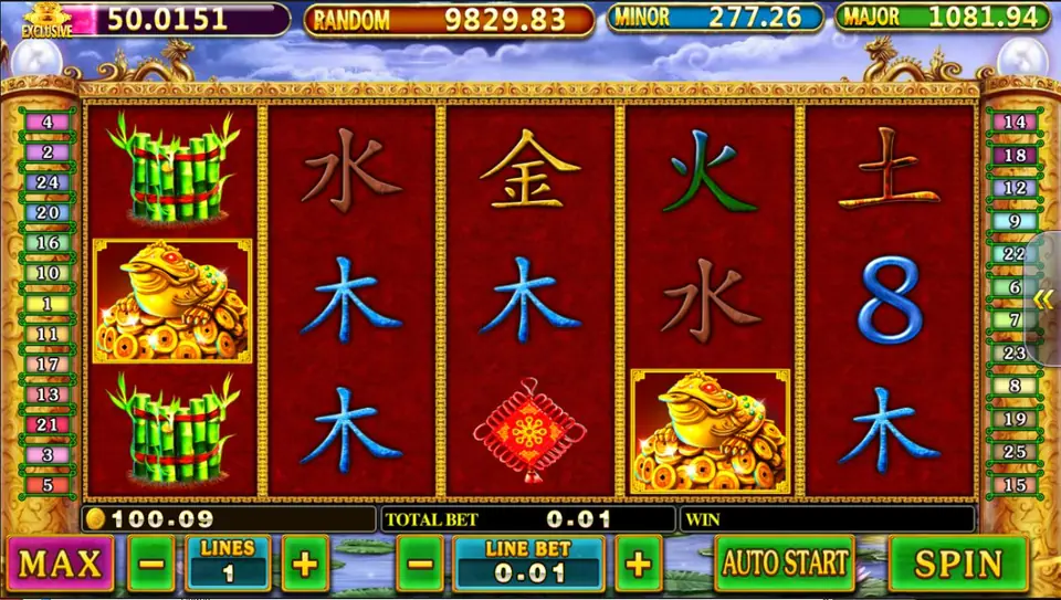 Fei Long Zai Tian on Pussy888 with a golden toad on coins, bamboo bundles, a red Chinese knot and gold, blue and brown Chinese characters on red reels