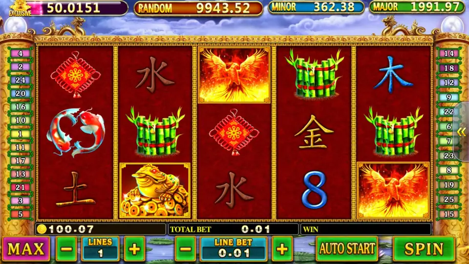 Fei Long Zai Tian reels with a pair of red and white koi on reel 1, a golden toad on reel 2, a phoenix on reel 3 and bamboo on reel 4