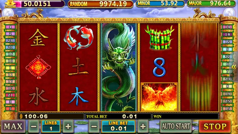 Fei Long Zai Tian reels with a green dragon filling the whole of reel 3, koi on reel 2 and a phoenix on reel 4