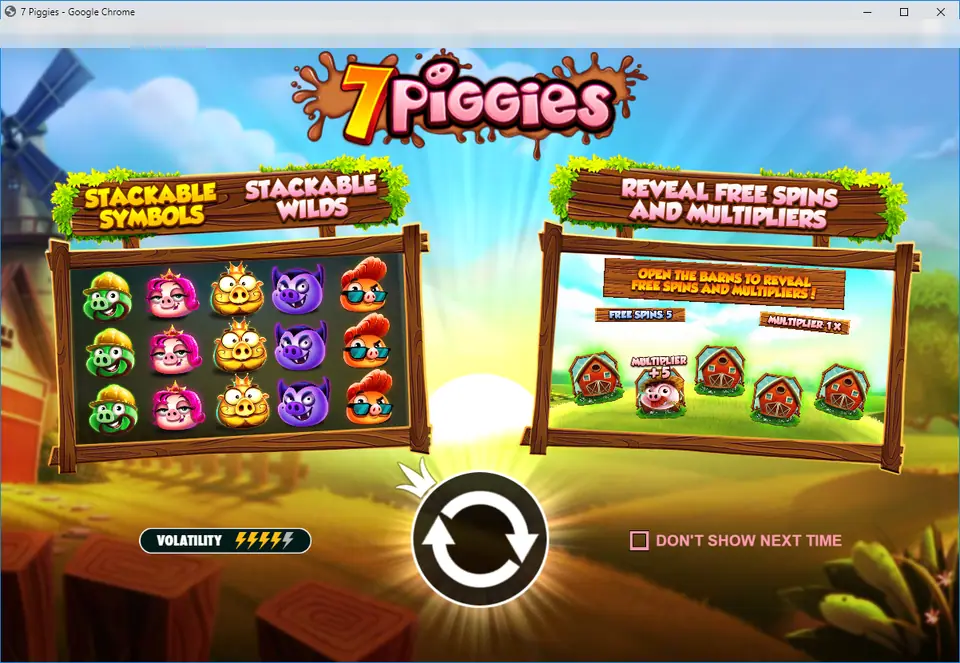 7 Piggies intro screen with Stackable Symbols and Stackable Wilds on the left, Reveal Free Spins and Multipliers with barns to open on the right, and a volatility meter