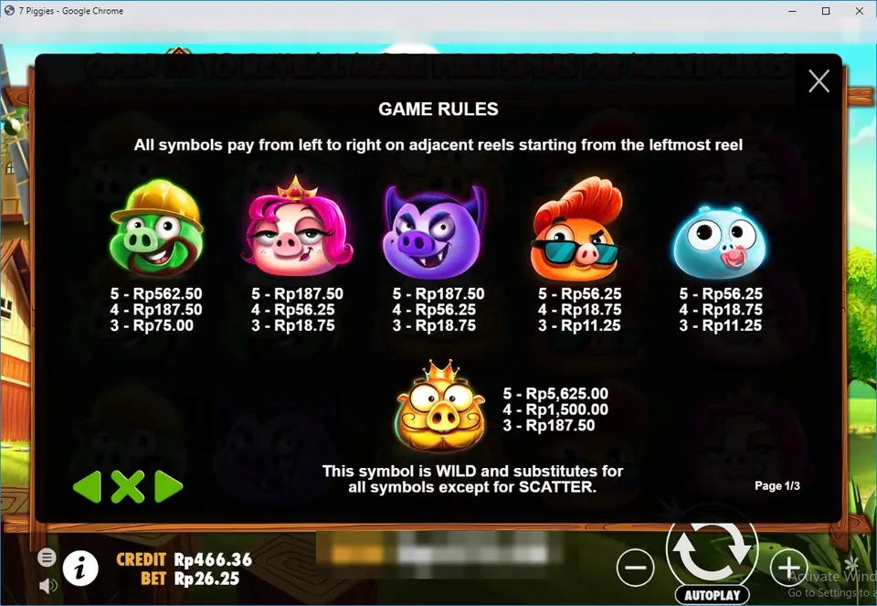 7 Piggies Game Rules page one listing five, four and three-of-a-kind pays for each pig at a Rp 26.25 bet, and the gold crowned Wild at Rp 5,625 for five