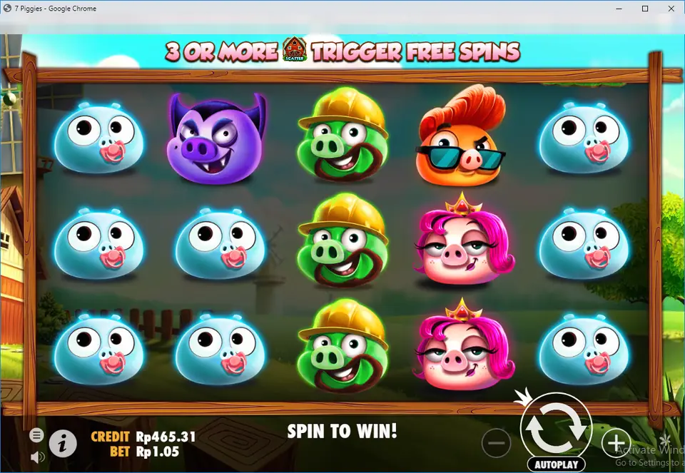 7 Piggies spin with blue baby pigs on the outer reels, green builder pigs down the middle and a banner reading 3 or more barns trigger free spins