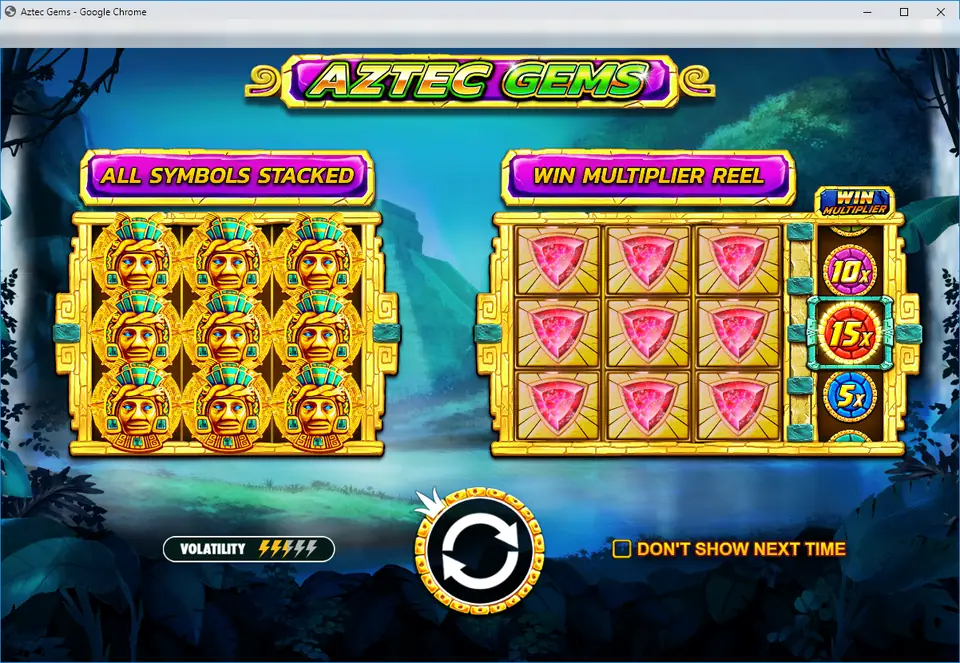 Aztec Gems intro screen showing All Symbols Stacked and Win Multiplier Reel panels, a volatility meter and a spin button, over a jungle waterfall