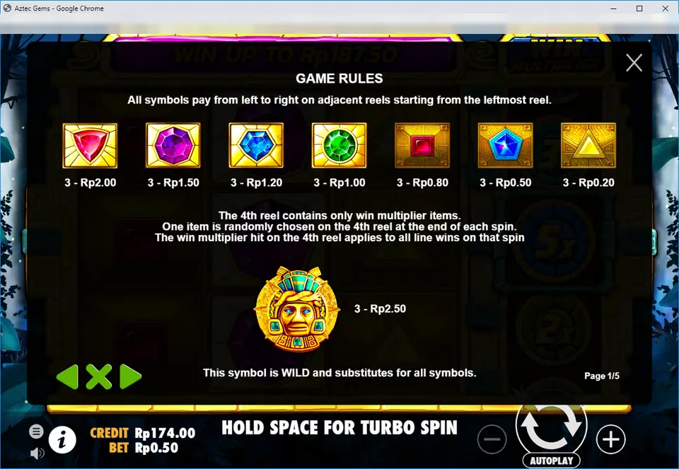 Aztec Gems Game Rules page one with seven gem symbols and their three-of-a-kind values, and the Aztec mask Wild at 3 - Rp2.50