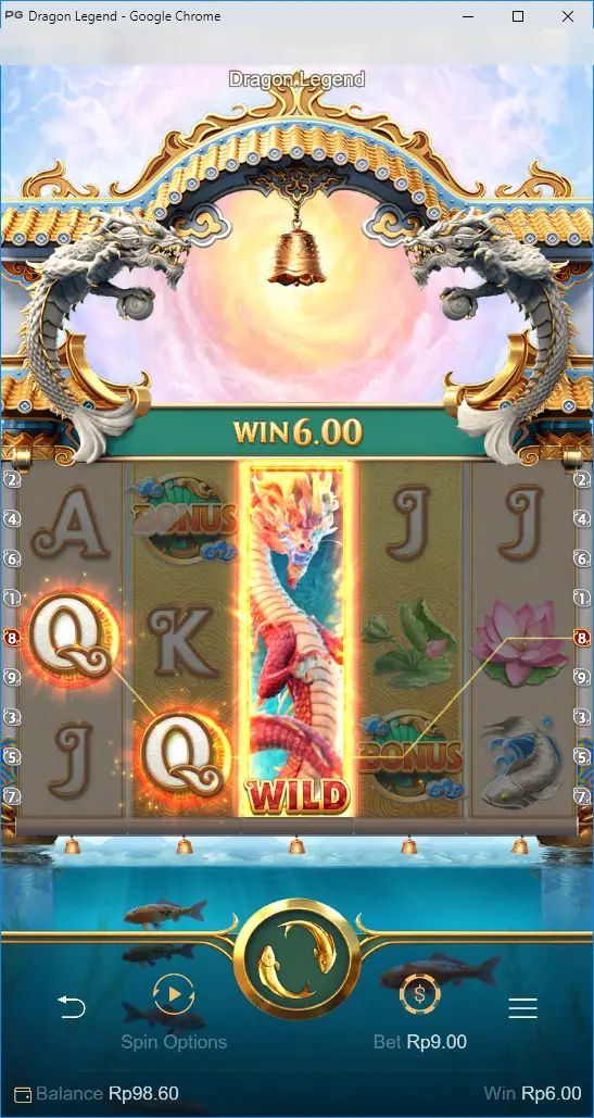 Dragon Legend win with a tall red and blue dragon Wild covering the middle reel and Q symbols joined on a line, Win 6.00