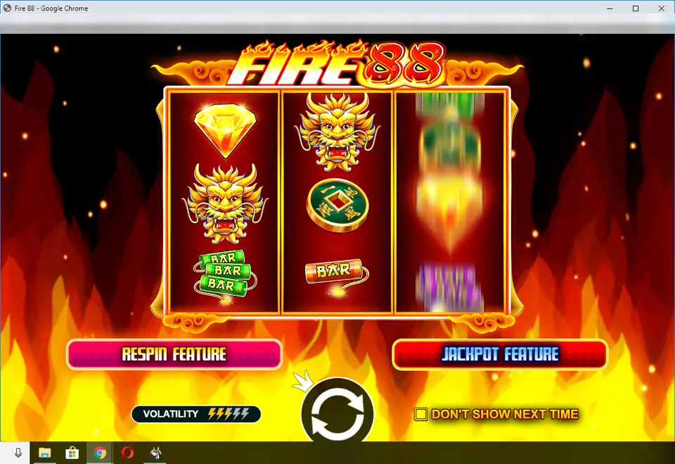 Fire 88 intro screen with the Fire 88 logo, sample reels with a diamond, golden dragons, a coin and BAR firecrackers, Respin Feature and Jackpot Feature buttons and a volatility meter