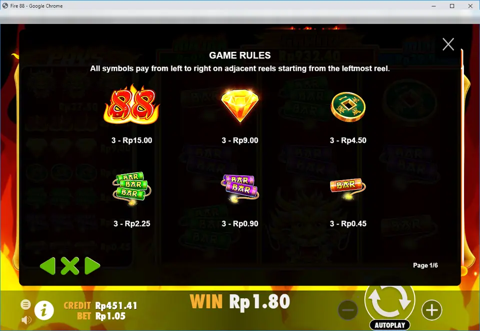 Fire 88 Game Rules page one listing three-of-a-kind values for 88, diamond, coin and the three BAR firecrackers