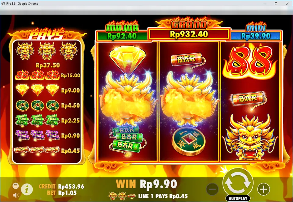 Fire 88 win of Rp 9.90 with two golden dragon heads bursting into flame on the first two reels and Line 1 pays Rp 0.45 on the bottom bar
